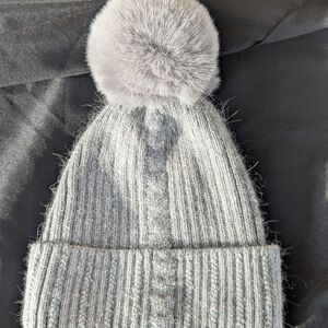 Gray Knit Beanie with Pom Pom